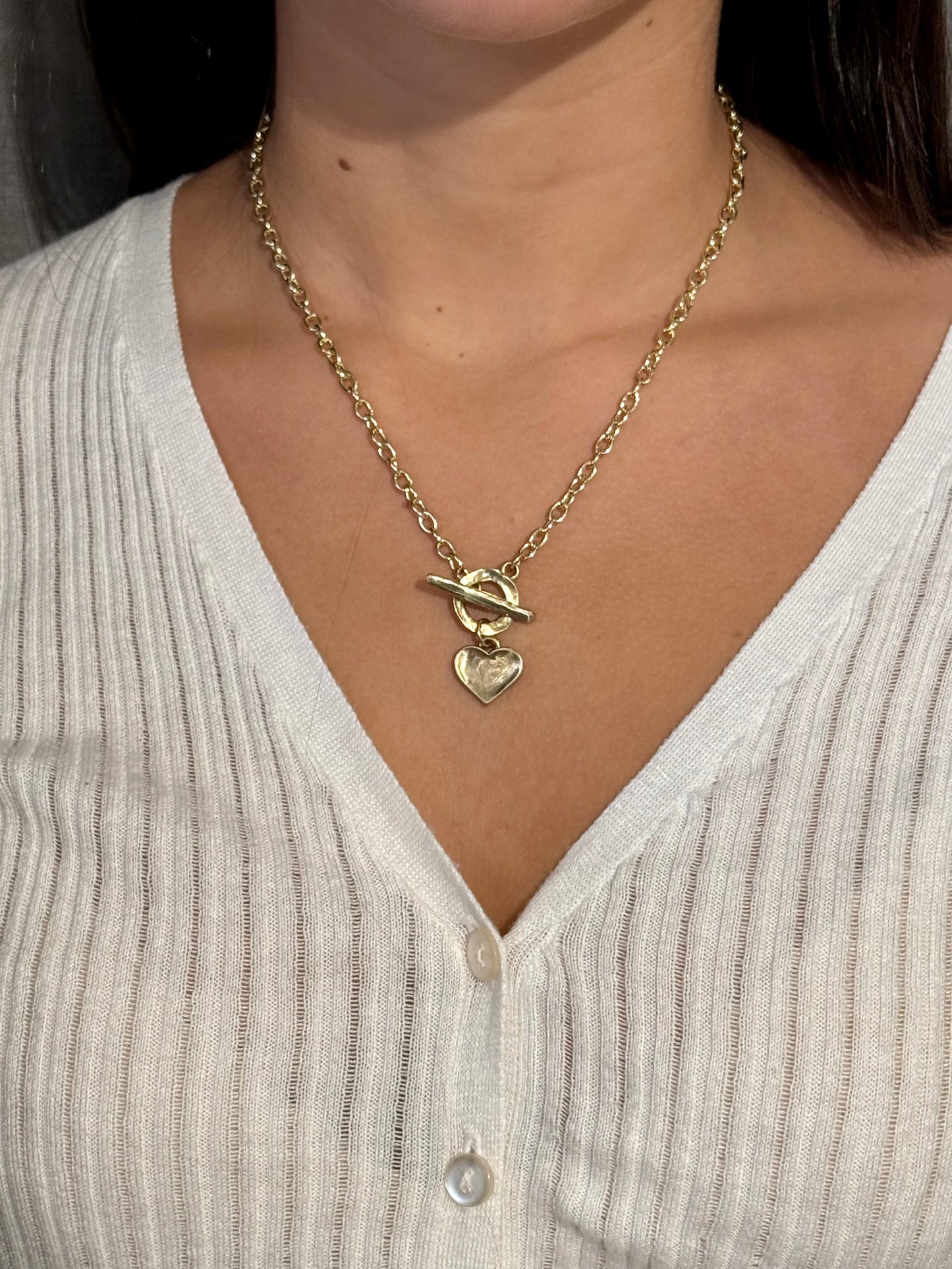 Dimpled Heart Toggle Necklace - Bronze/Sterling