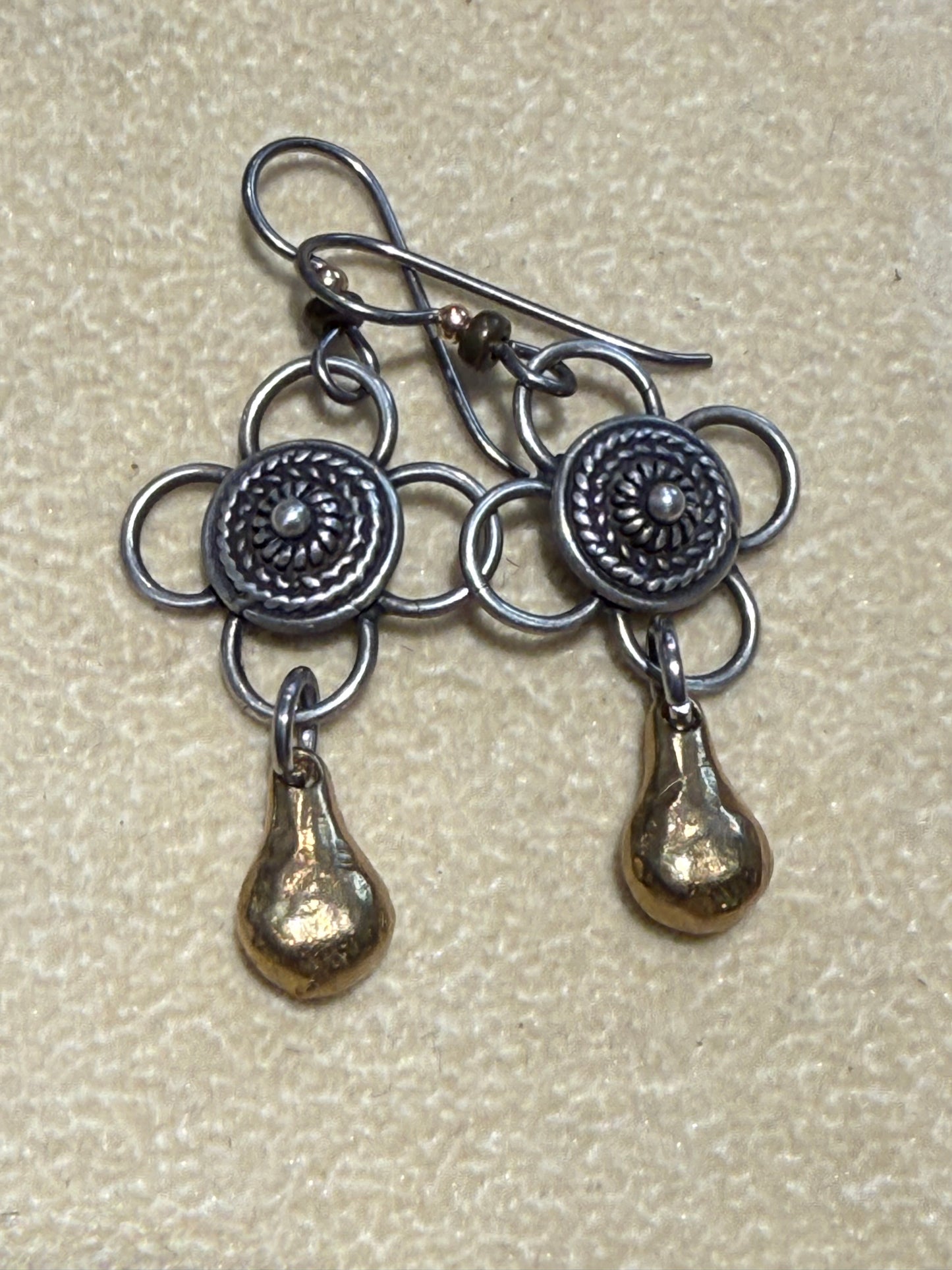 Mix Metal Rustic Geo Drop Earrings - Sterling/Bronze