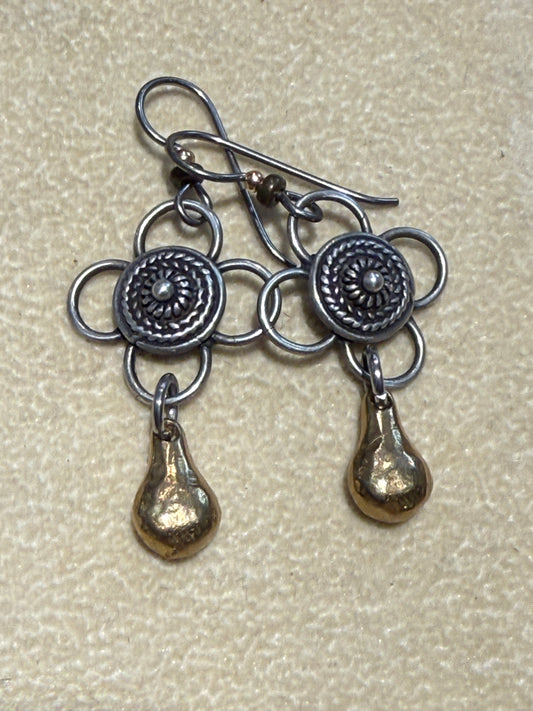 Mix Metal Rustic Geo Drop Earrings - Sterling/Bronze