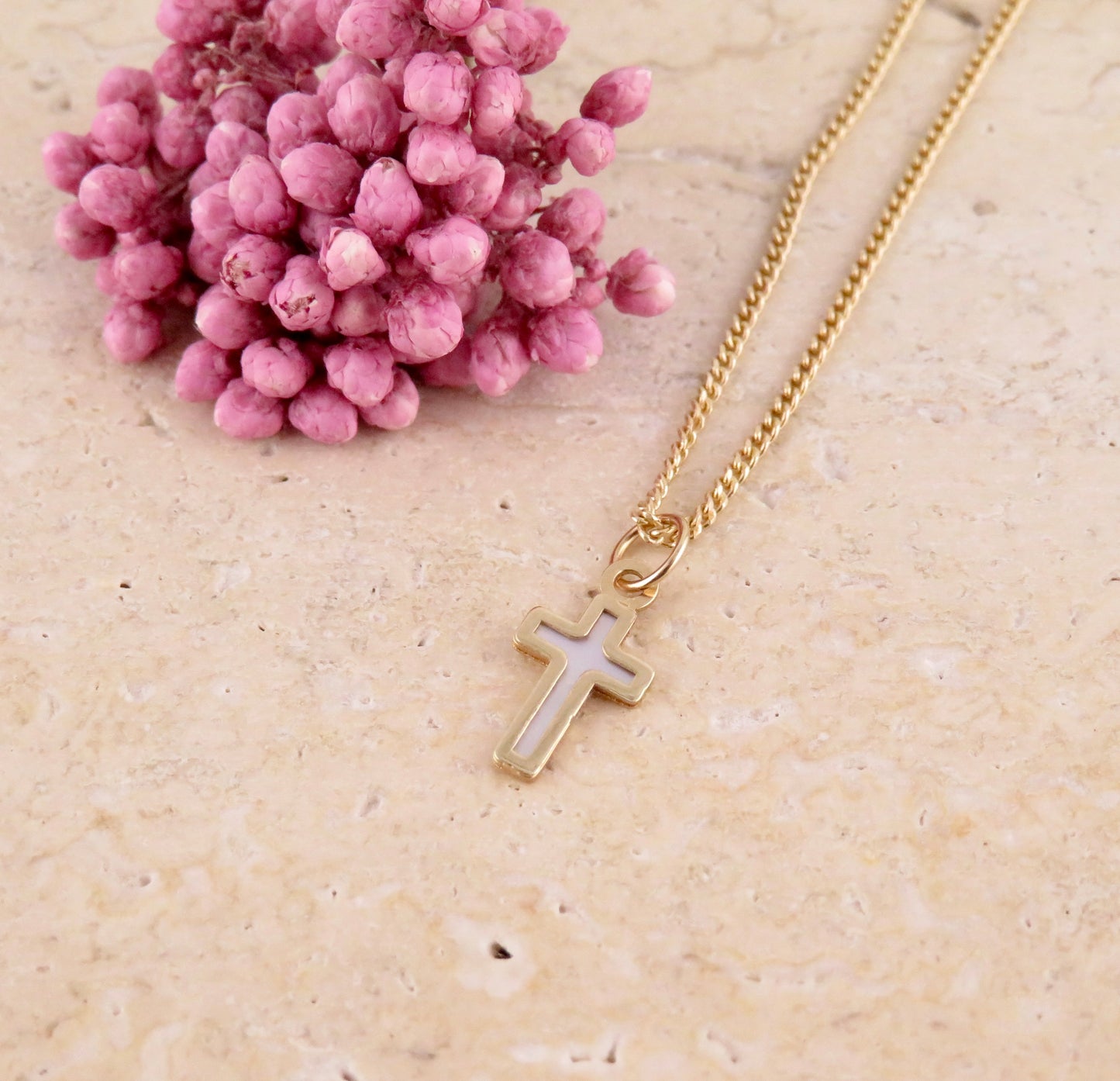 14k Solid Gold Mother of Pearl Cross Necklace