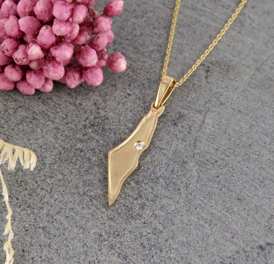 Solid Gold Israel Map Necklace with Diamond