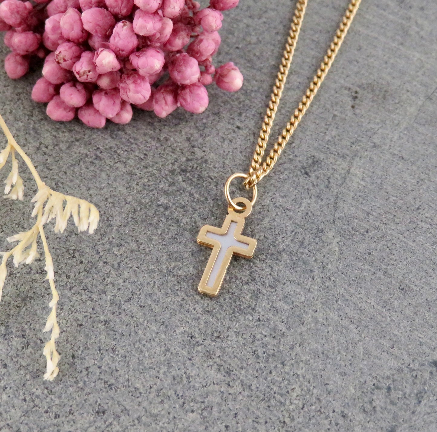 14k Solid Gold Mother of Pearl Cross Necklace