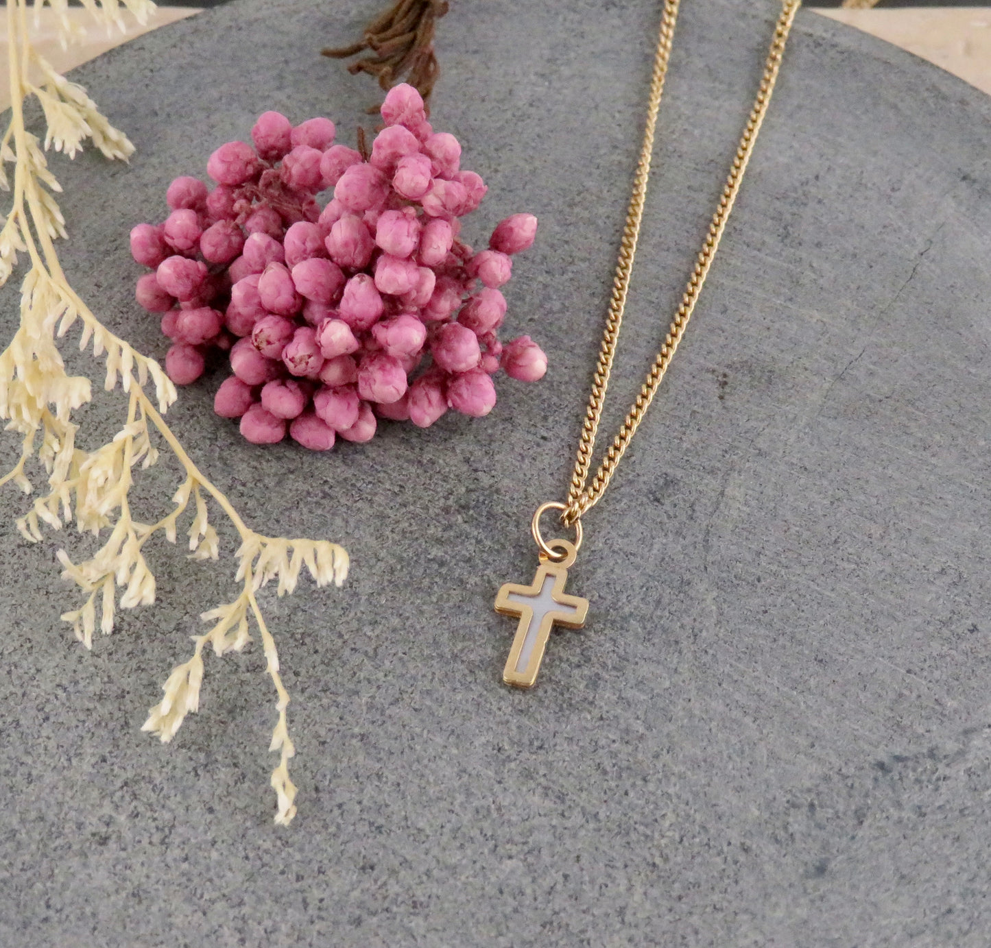 14k Solid Gold Mother of Pearl Cross Necklace