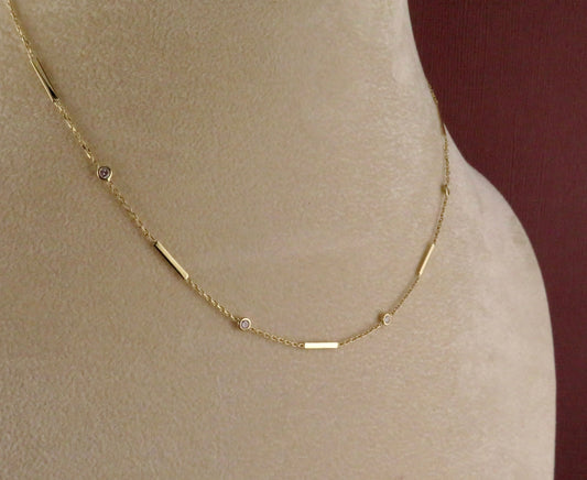 14k Solid Gold Bars/Diamonds Necklace 18"
