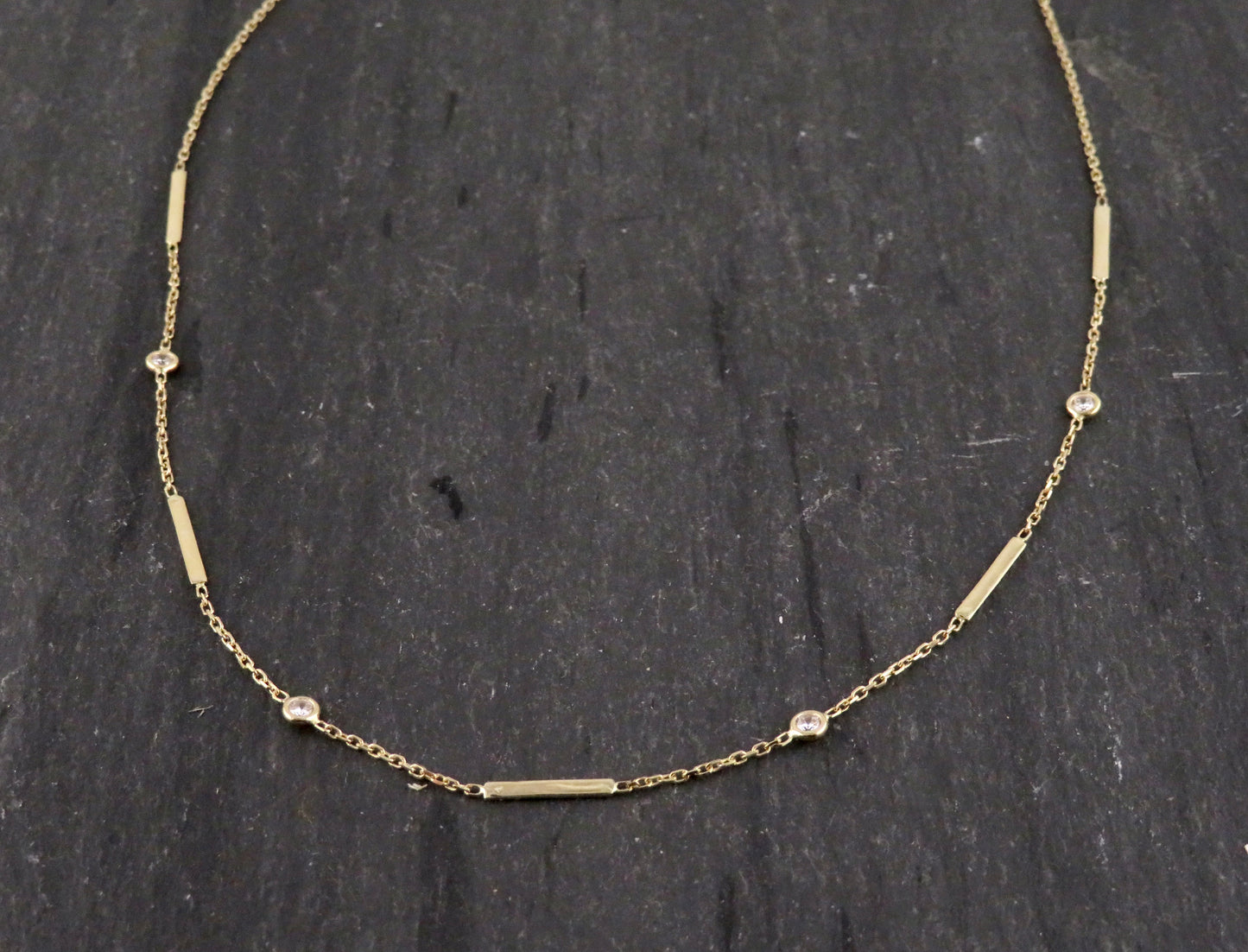 14k Solid Gold Bars/Diamonds Necklace 18"