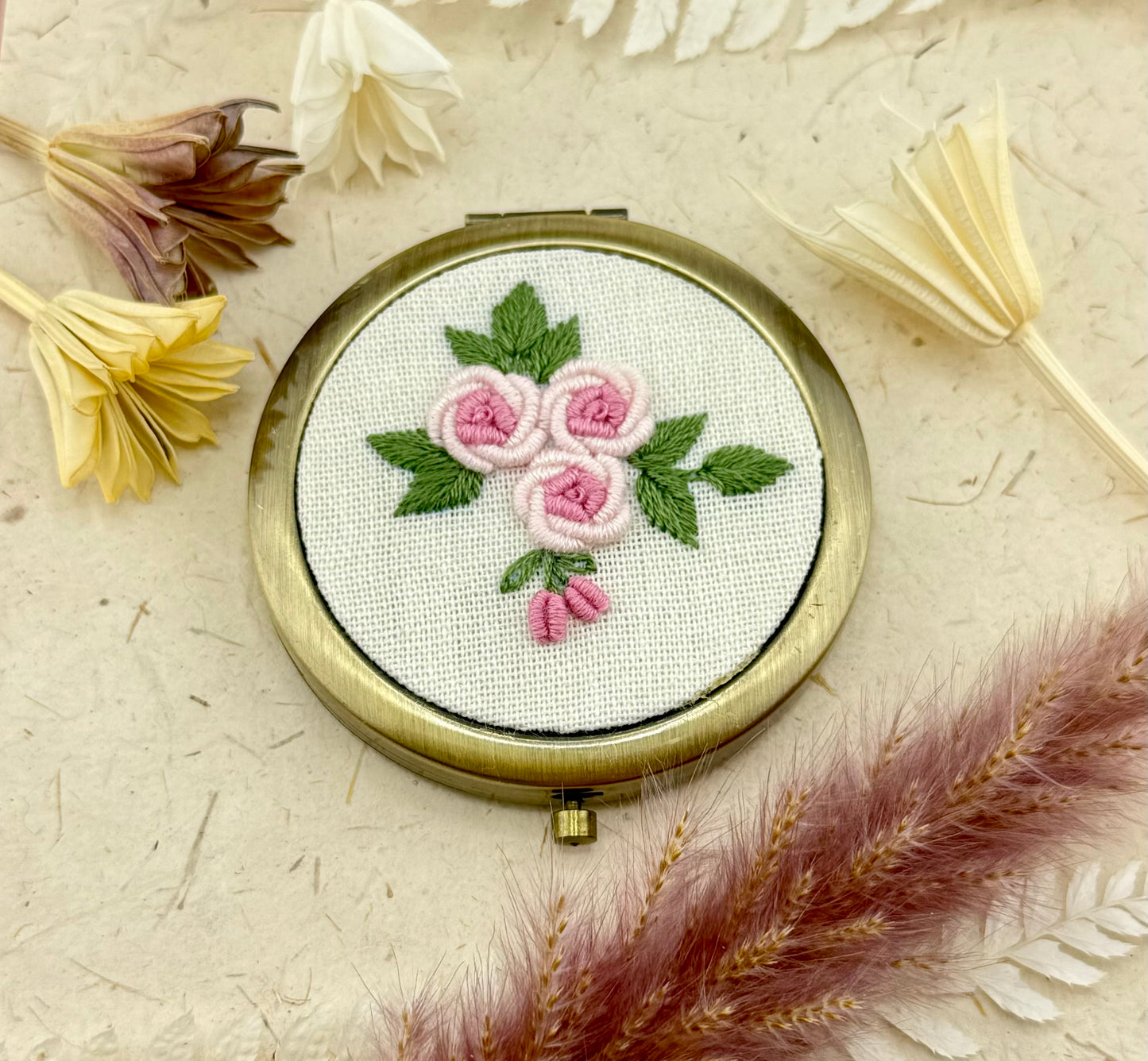 Embroidered Compact Mirror - Roses