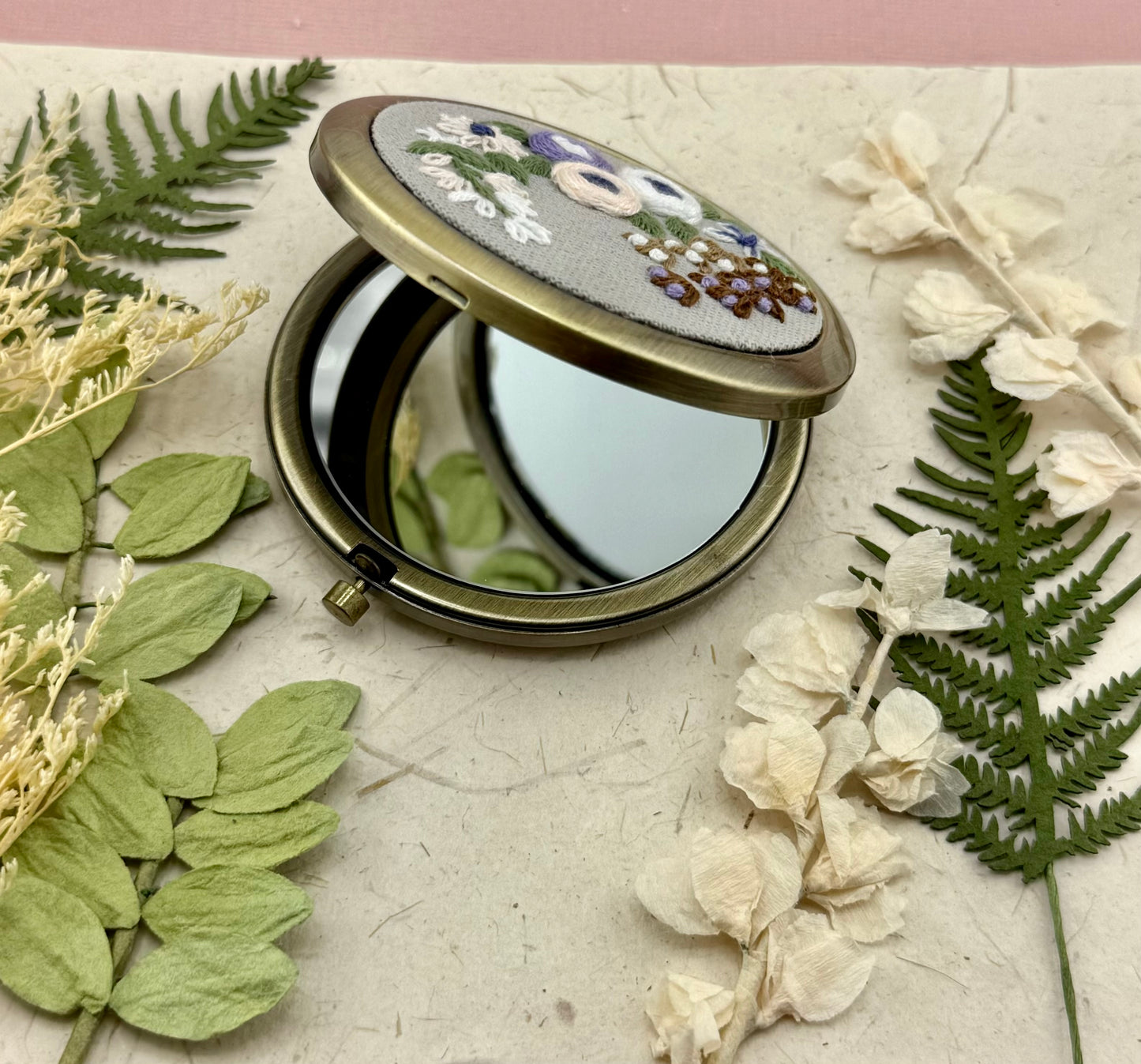 Embroidered Compact Mirror - Flower Garden