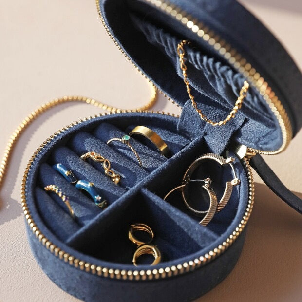 Sun and Moon Embroidered Travel Jewelry Case (Navy)