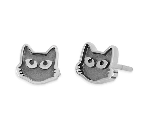 Cat Face Post Earrings - Sterling