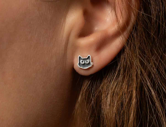 Cat Face Post Earrings - Sterling