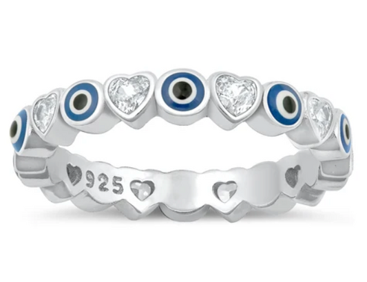 Evil Eye Heart Band Ring- Sterling/Enamel