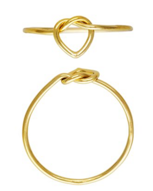 The Love Knot Ring - Gold Filled by JK Findings features a delicate heart knot design at the top, displayed from both top and side angles on a white background.