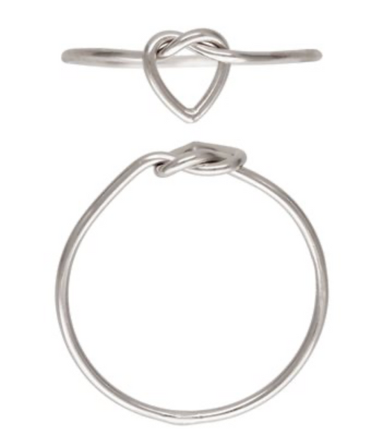 Two views of the JK Findings Love Knot Ring in sterling silver are shown from top and side angles against a white background.
