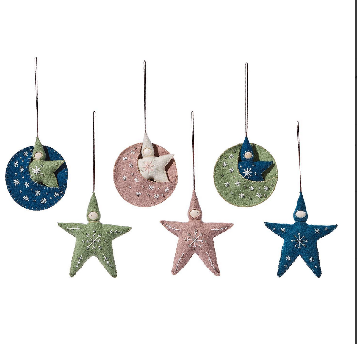Seven Felt Embroidered Star Ornaments with embroidered details, featuring individual star-shaped figures and stars nestled within circular moon shapes.