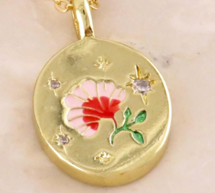 Gold Enamel Flower Medallion Necklace - GF