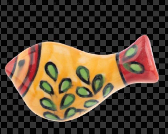 Hand-painted Bird Magnet, shaped like a yellow fish with green leaf patterns and red accents.