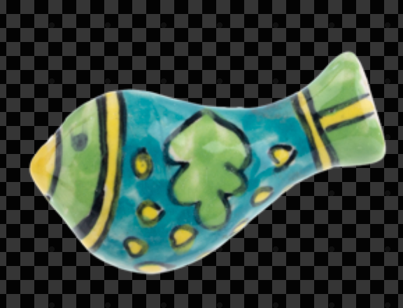 Hand-painted Bird Magnet featuring a colorful fish-shaped design with teal, yellow, and green patterns.