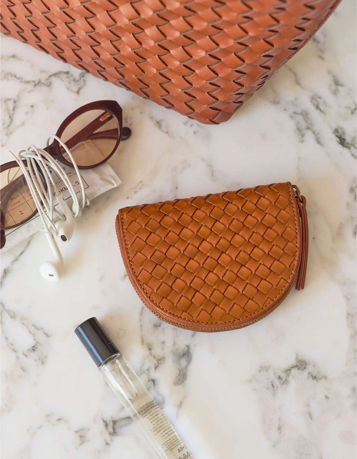 Laura Coin Purse - Cognac Woven Classic Leather