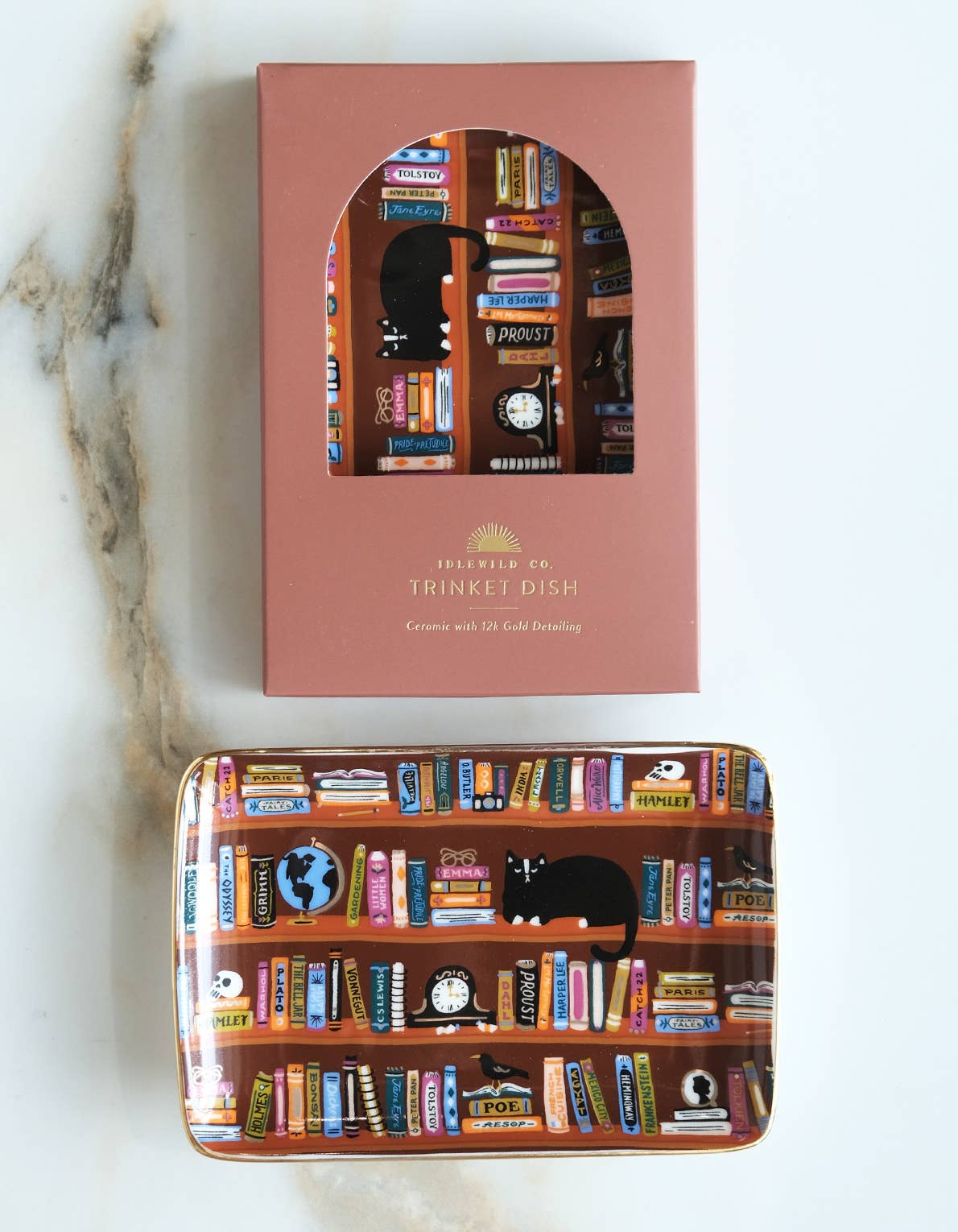 Porcelain Trinket Tray - Bookshelves Library set featuring a rectangular tray and matching box with a hand-painted bookshelf illustration, black cat, and gold-toned trim.