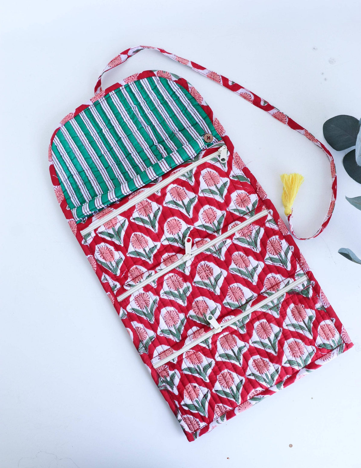 Cotton Jewelry Roll with Zipper Pockets and Brush Case - Red Floral