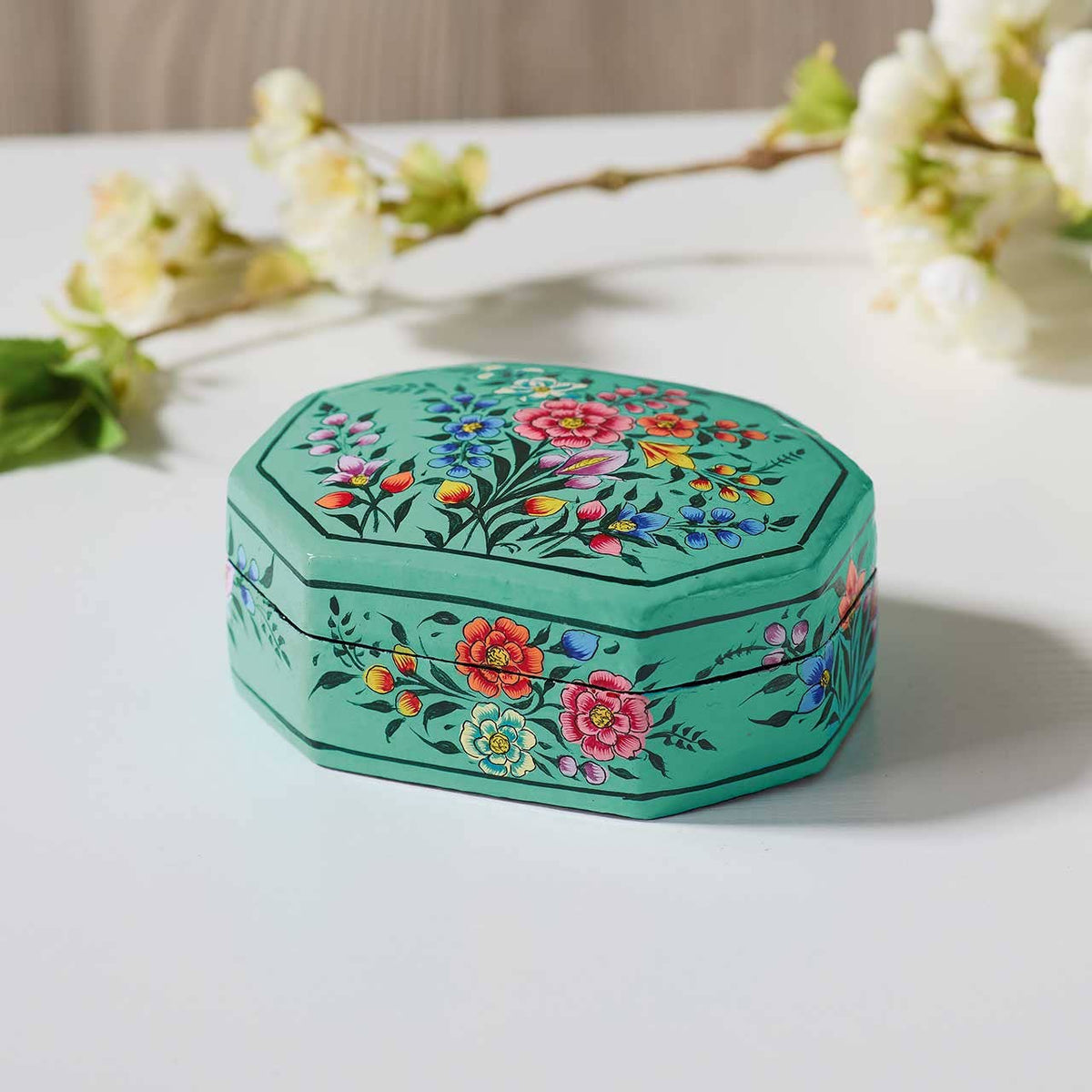 Octagonal teal Garden Handpainted Kashmiri Jewelry Box featuring handpainted colorful floral designs.