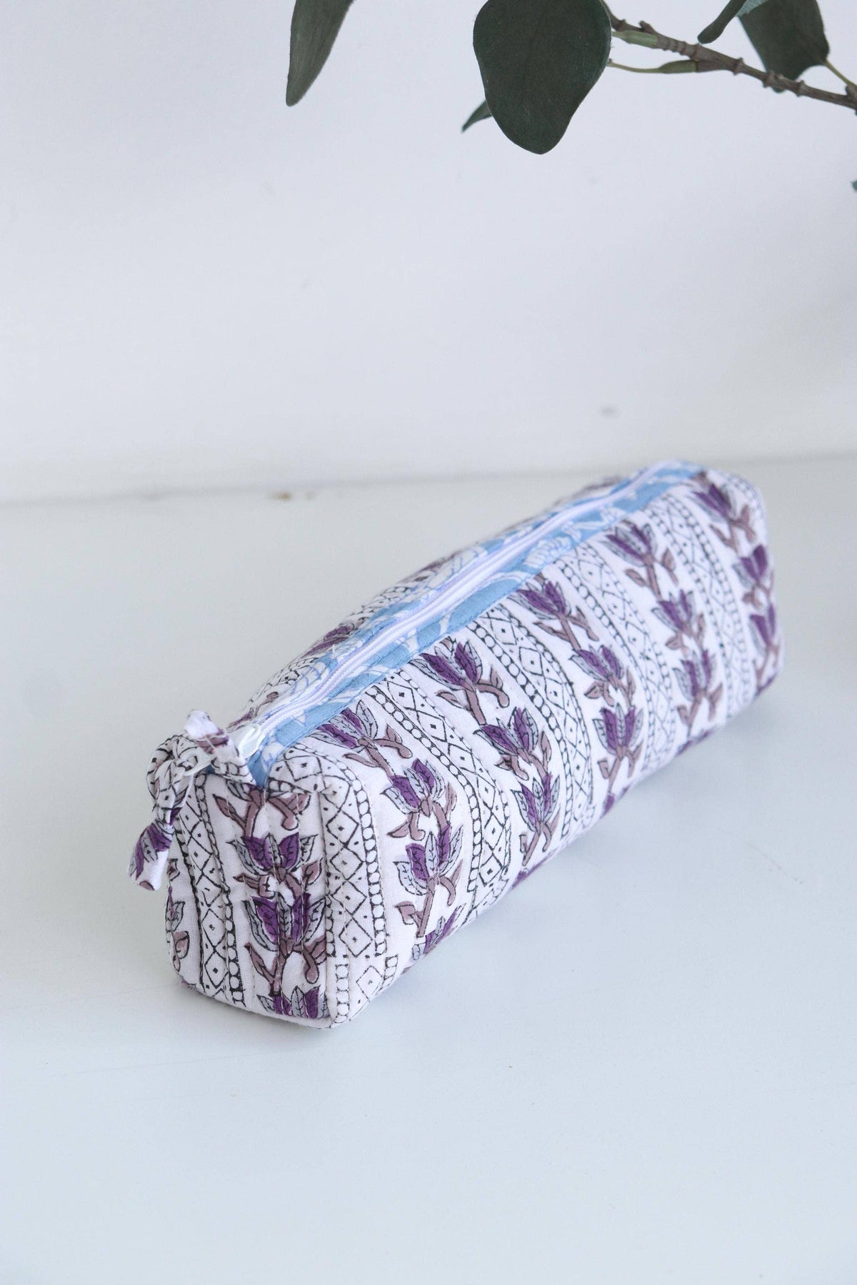 Cotton Block Print Pouch - SM - Purple Floral