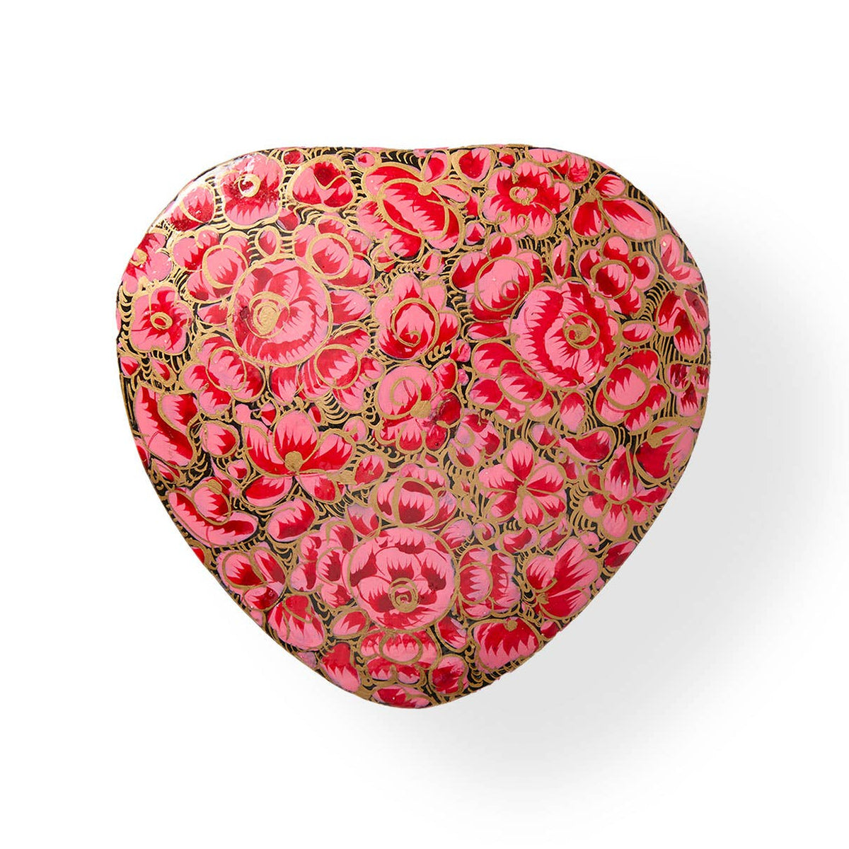Beloved Heart Kashmiri Box - Pink, a heart-shaped papier-mâché jewelry box featuring a pink and black hand-painted floral pattern.