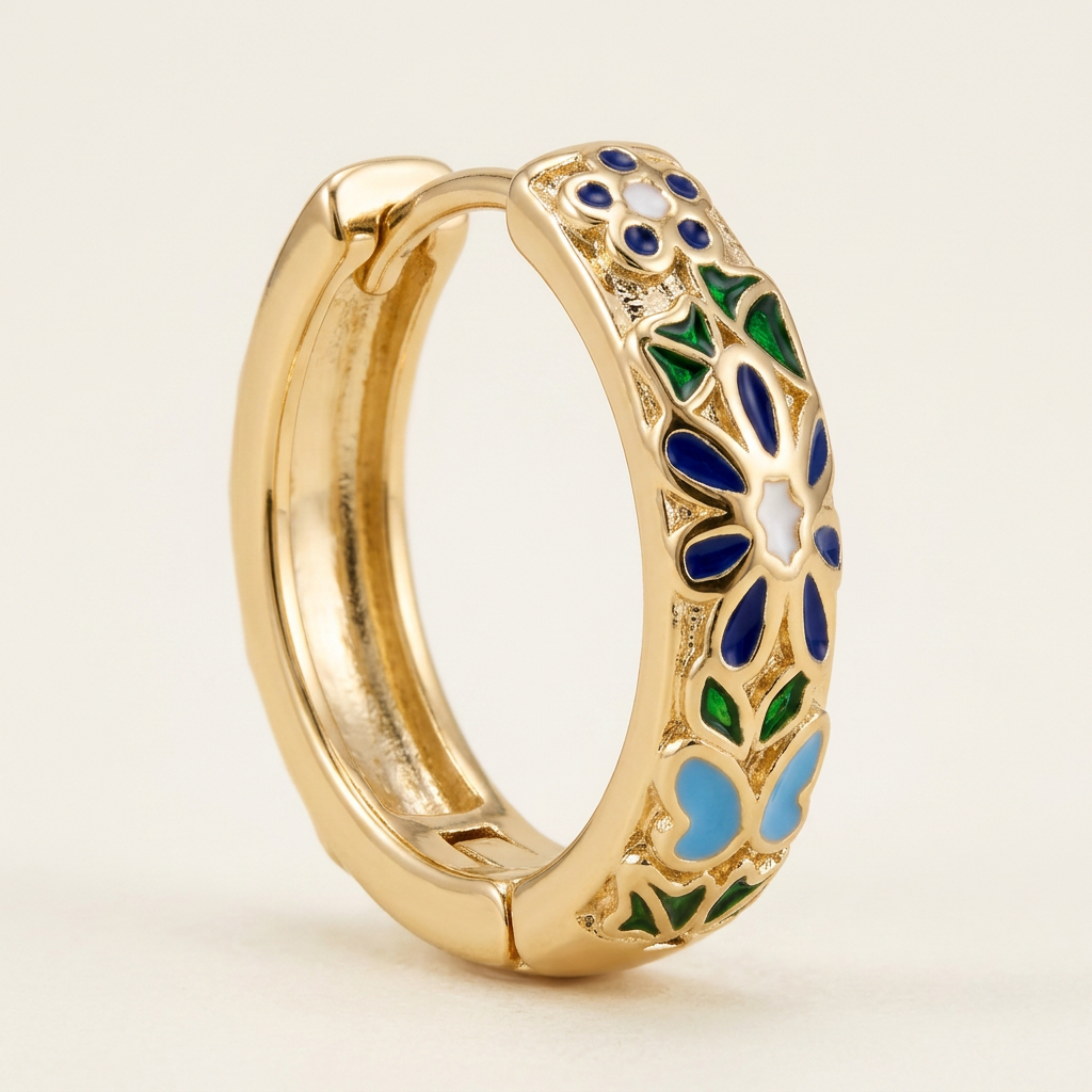 Floral Enamel Huggie Earrings - Blue - GF