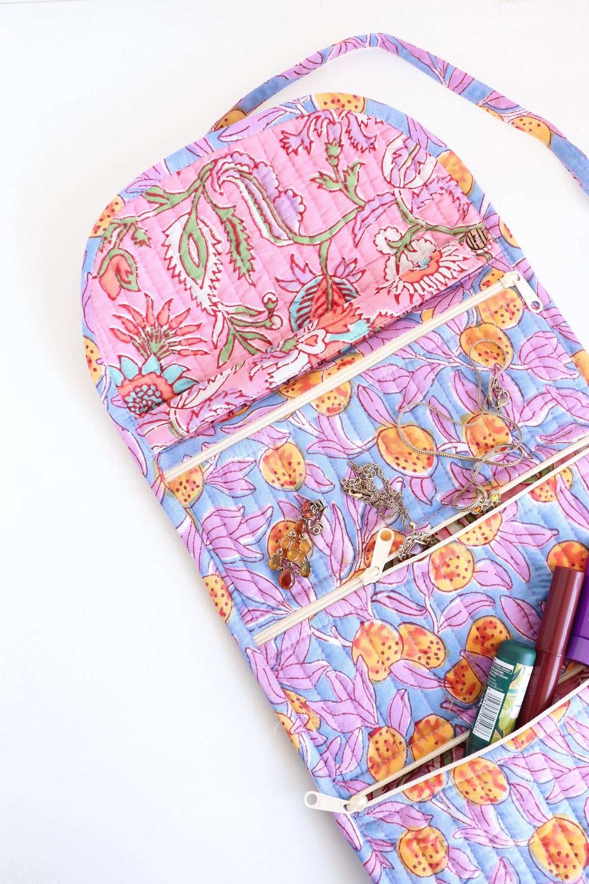 Cotton Jewelry Roll with Zipper Pockets and Brush Case - Blue/Purple Floral