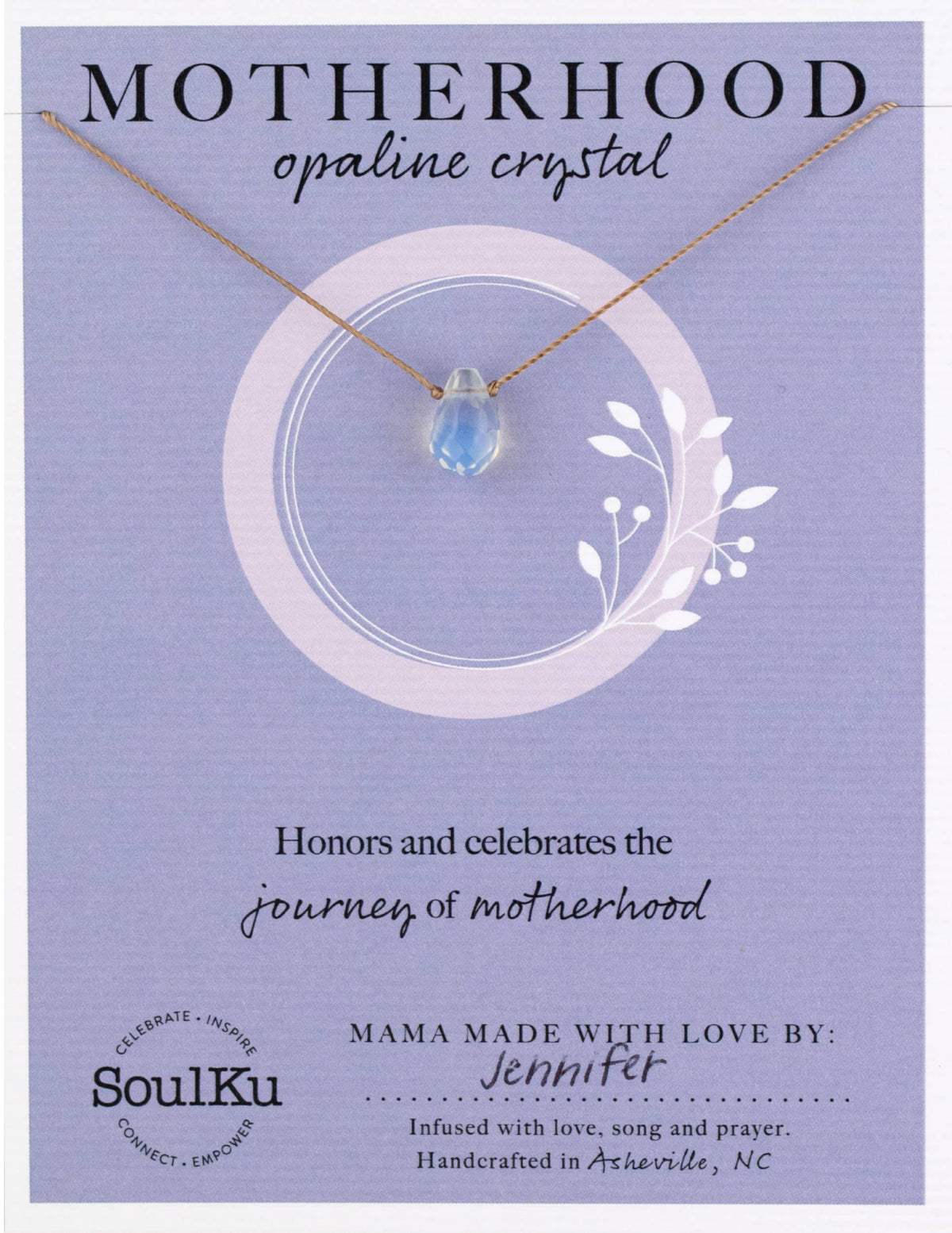 The Opaline Crystal Necklace Gift for Motherhood - Mom, Mother’s by SoulKu honors the journey of motherhood, featuring an opaline crystal on a card. With love from Jennifer in Asheville, NC.