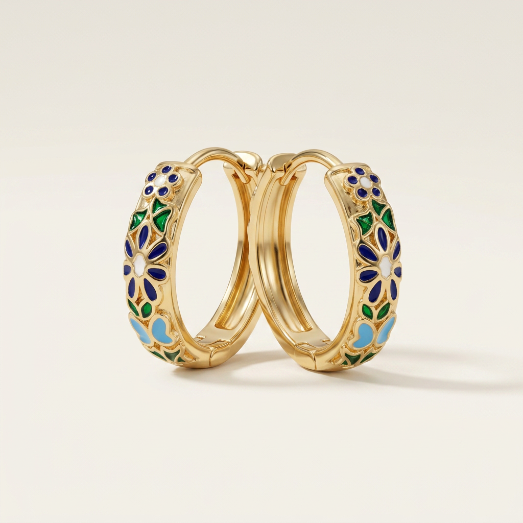 Floral Enamel Huggie Earrings - Blue - GF