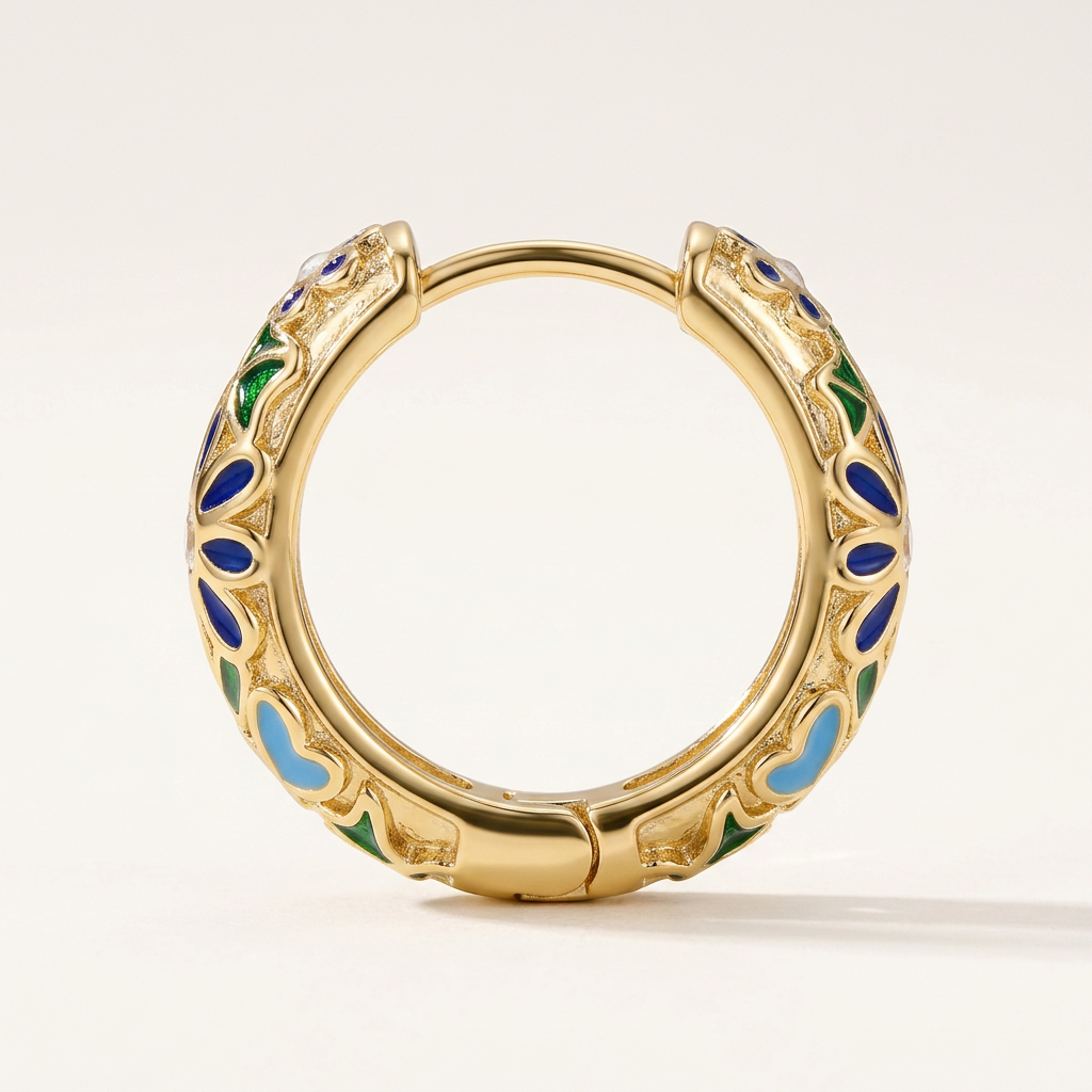 Floral Enamel Huggie Earrings - Blue - GF