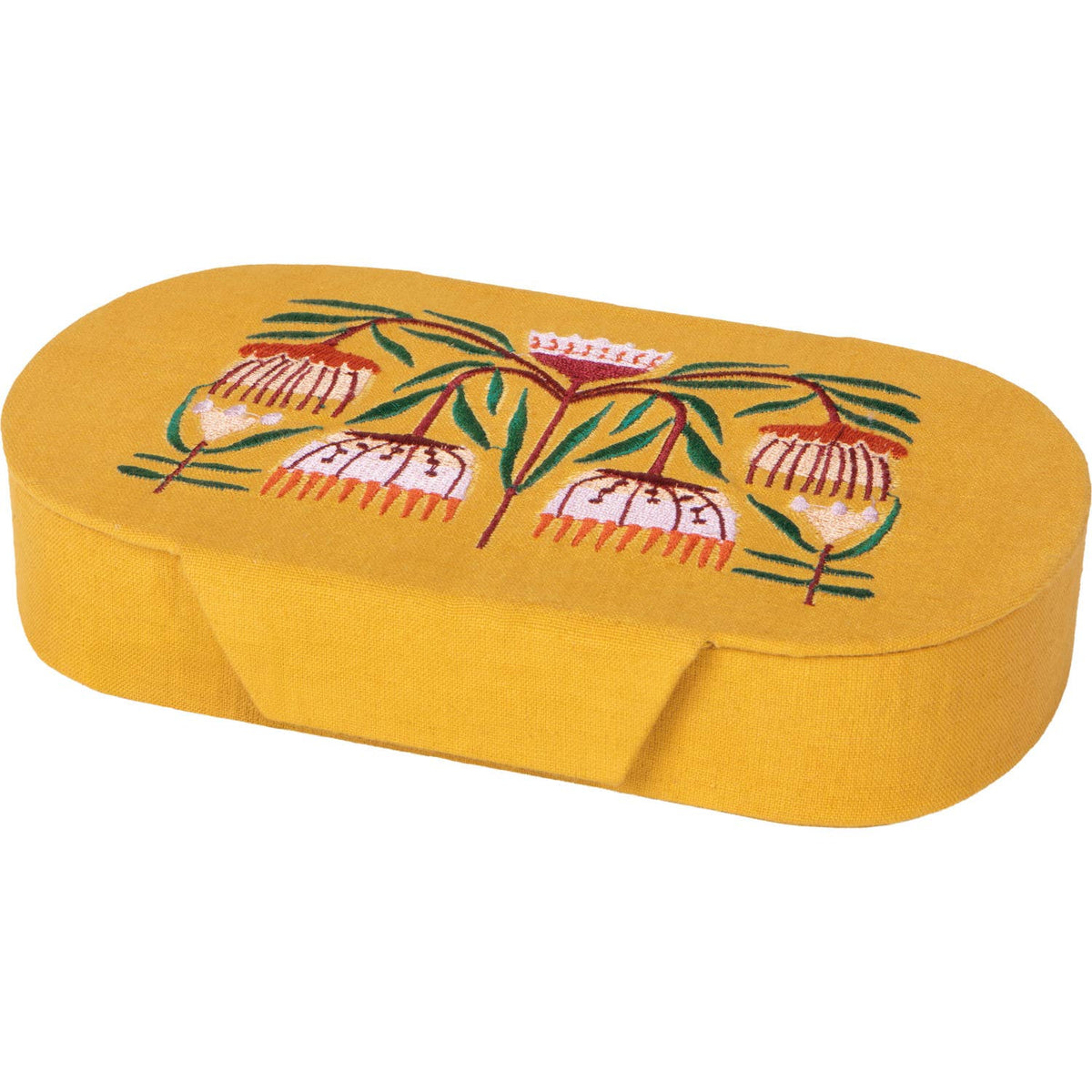 Oval yellow Venus Embroidered Jewelry Box - Yellow/Burgundy with embroidered flowers and foliage on the lid, serving as a decorative tabletop accent.