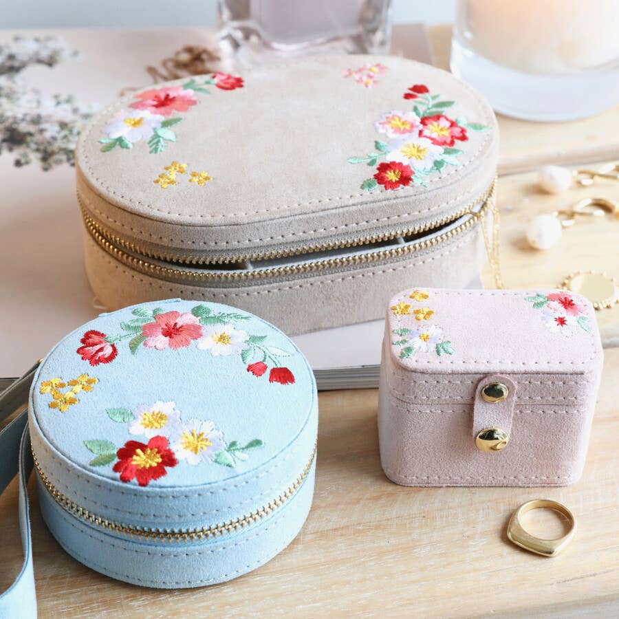 Embroidered Flowers Mini Round Velvet Jewelry Case