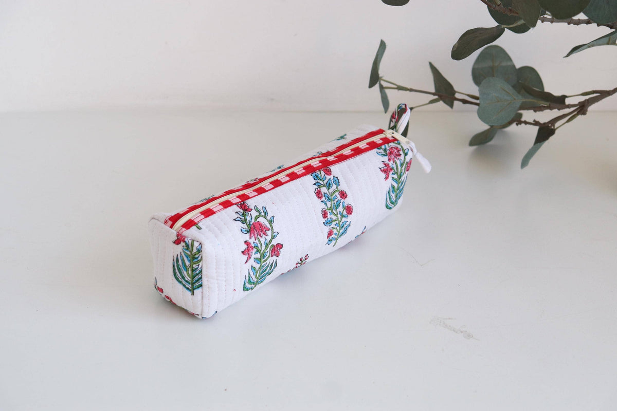 Cotton Block Print Pouch Organizer - SM - White Floral