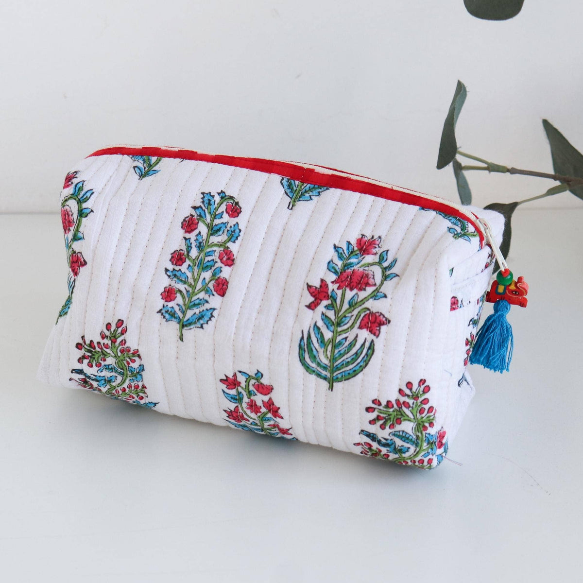 Quilted Block Print Cosmetic Organizer Pouch - White Floral