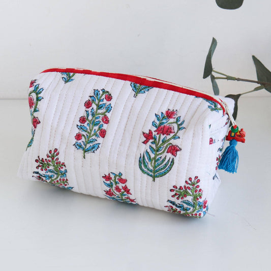 Quilted Block Print Cosmetic Organizer Pouch - White Floral