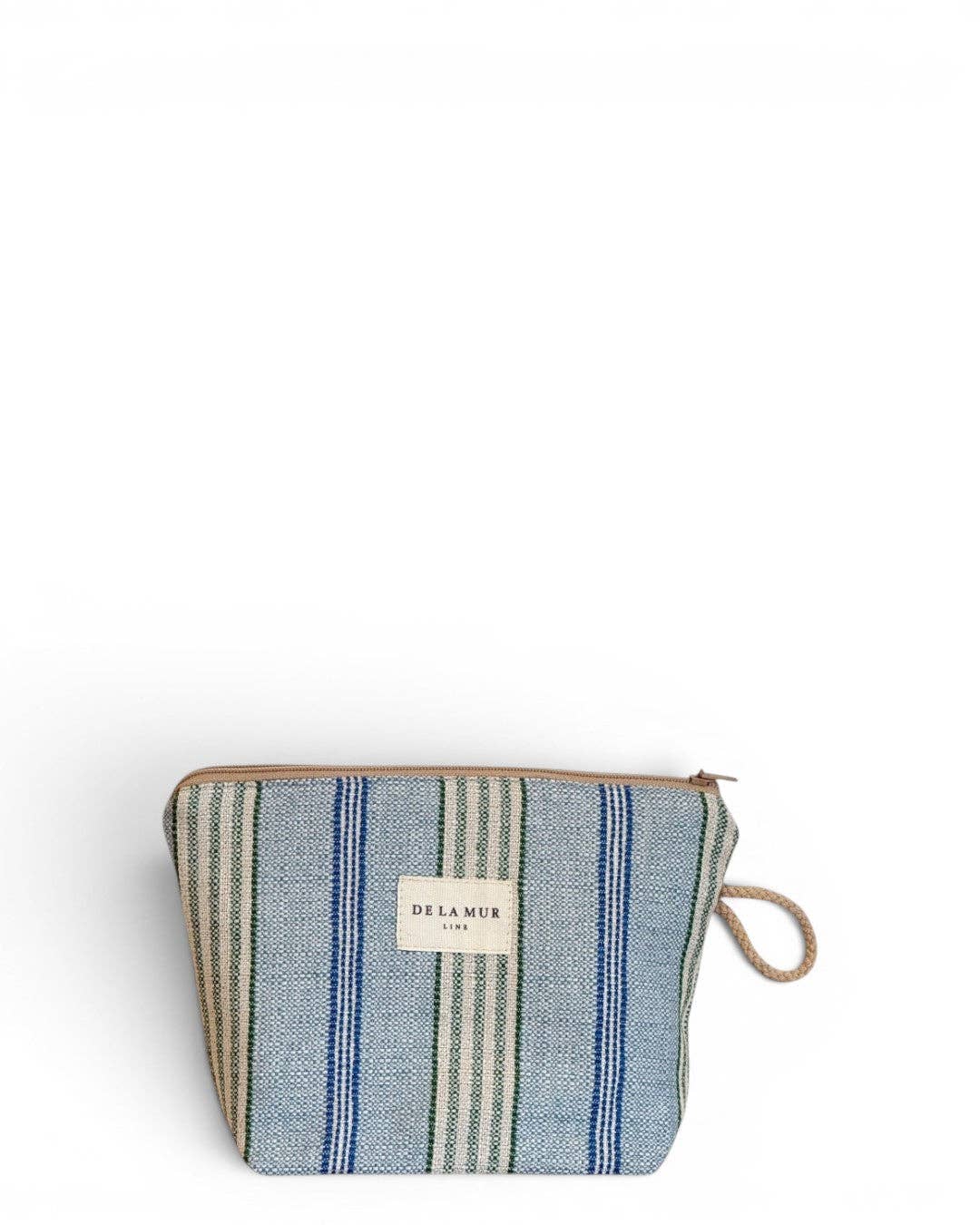 The Striped Jacquard Small Makeup Bag – Blue & Green (Cata) by DE LA MUR LINE US Inc is a rectangular zippered pouch adorned with blue and green vertical stripes, crafted from jacquard fabric. It features a side fabric loop and a front label displaying the DE LA MUR PARIS name. Made in Barcelona, this small makeup bag is shown against a white background.