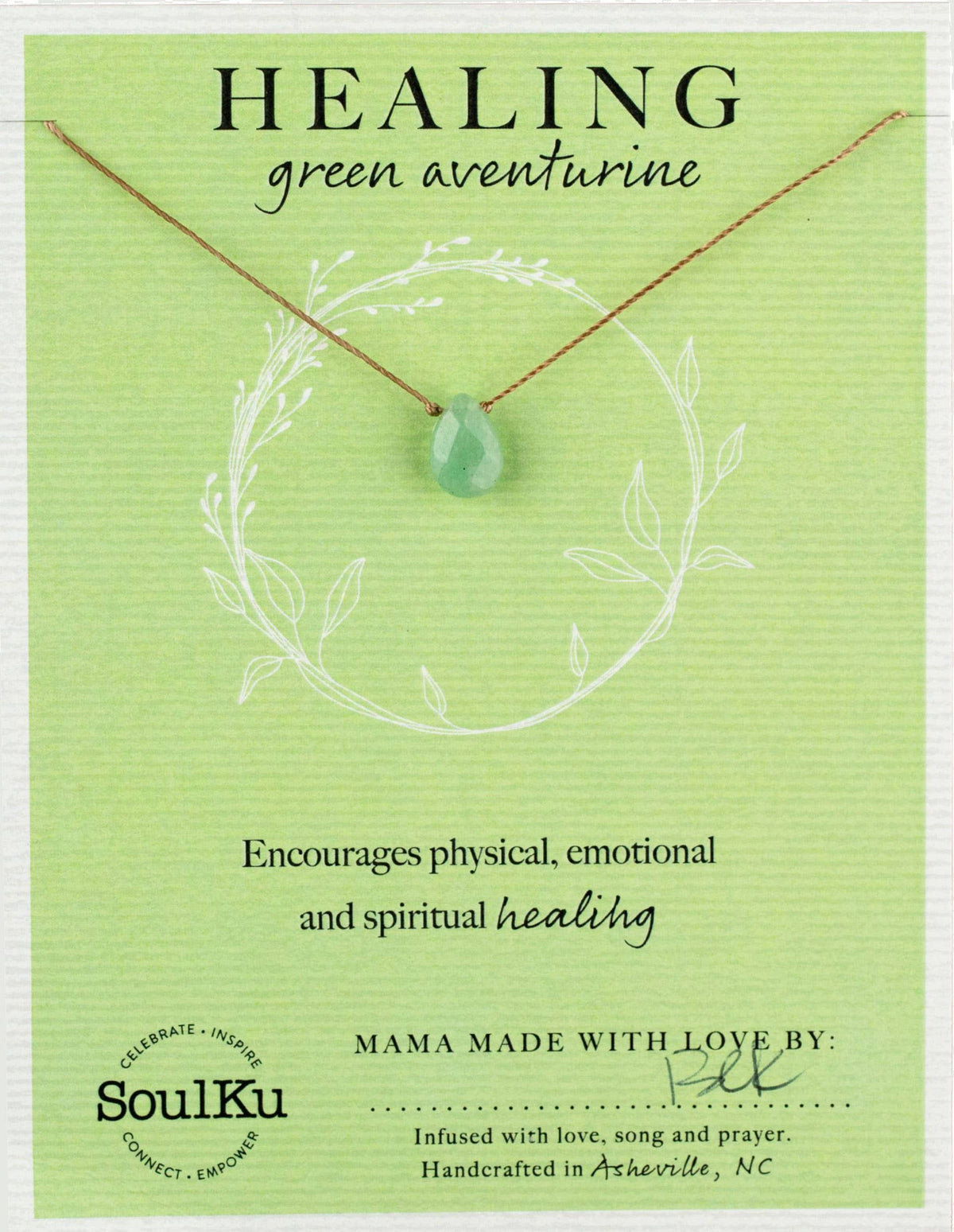 The Green Aventurine Gemstone Necklace - Healing by SoulKu encourages physical, emotional, and spiritual healing. Handmade in Asheville, NC and carded with Healing: green aventurine.