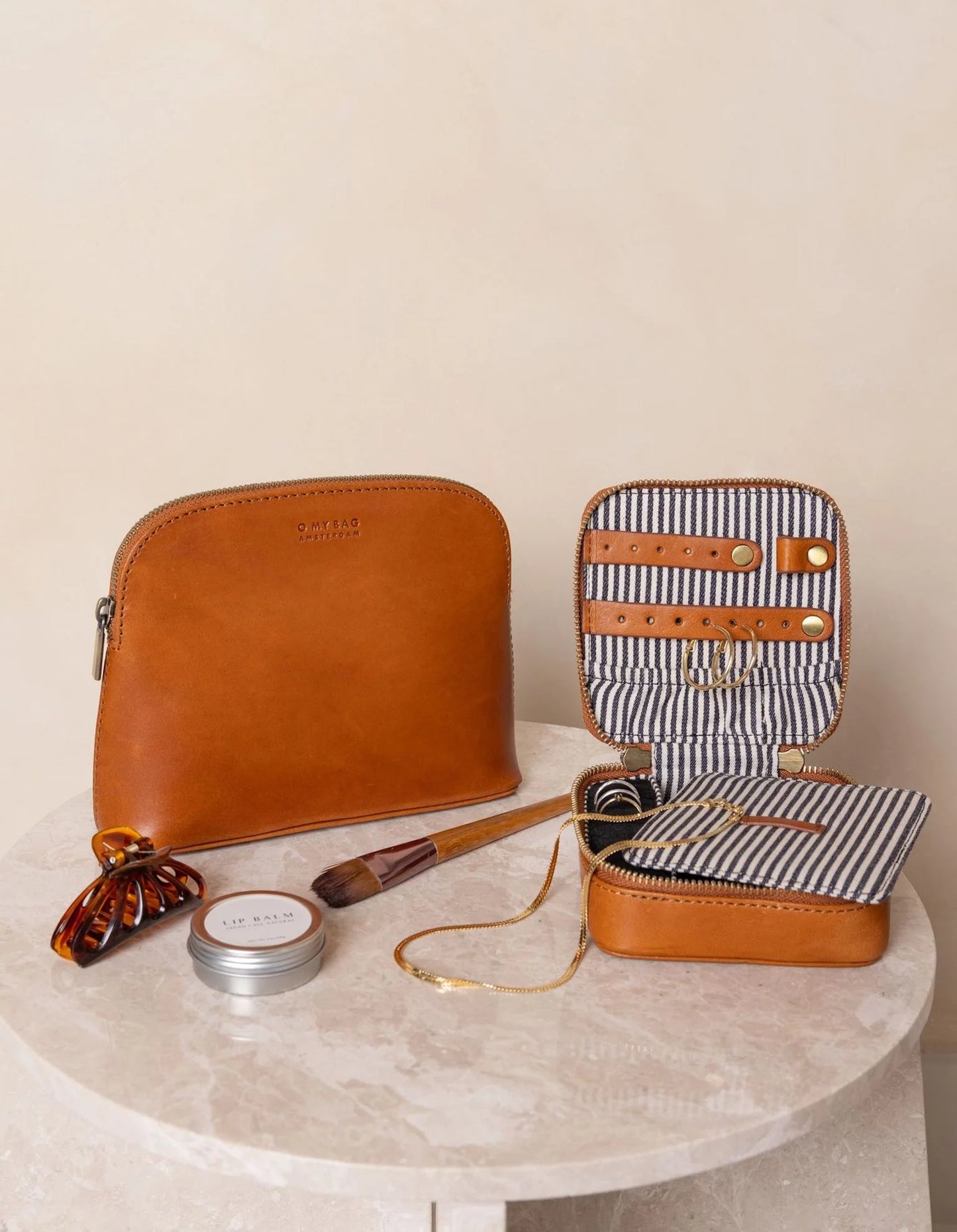 Genuine Leather Jewelry Travel Case - Cognac