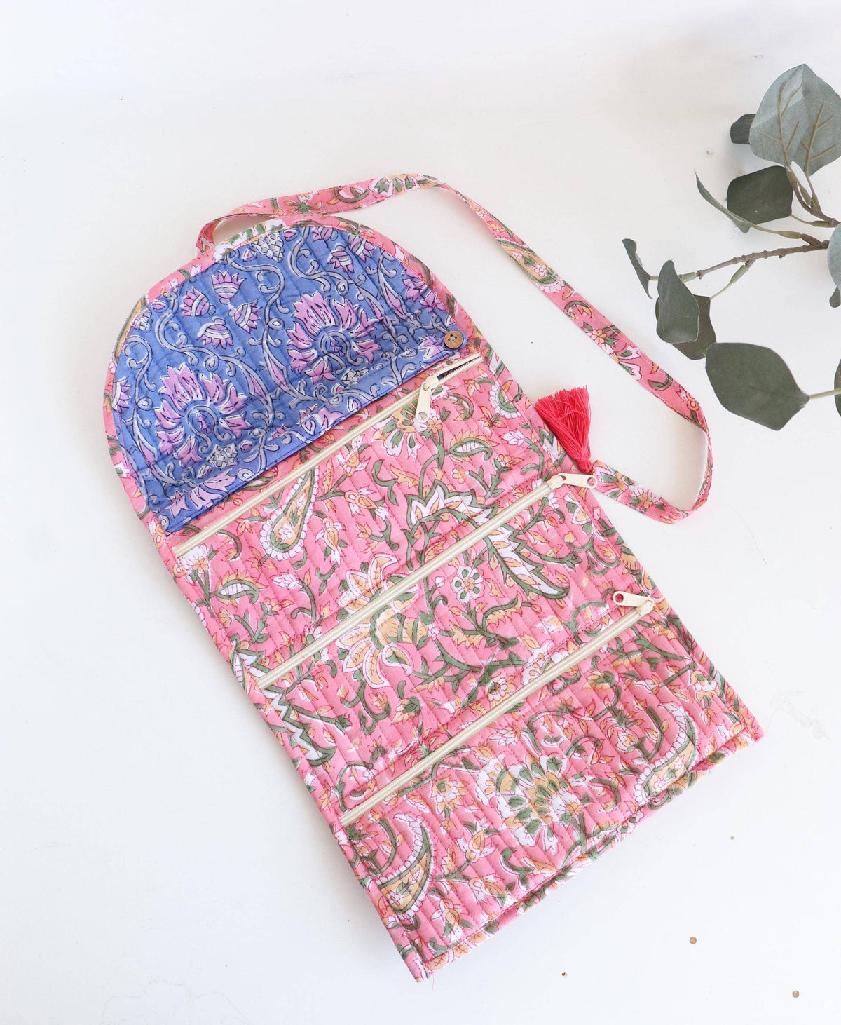 Cotton Jewelry Roll with Zipper Pockets and Brush Case - Pink Floral