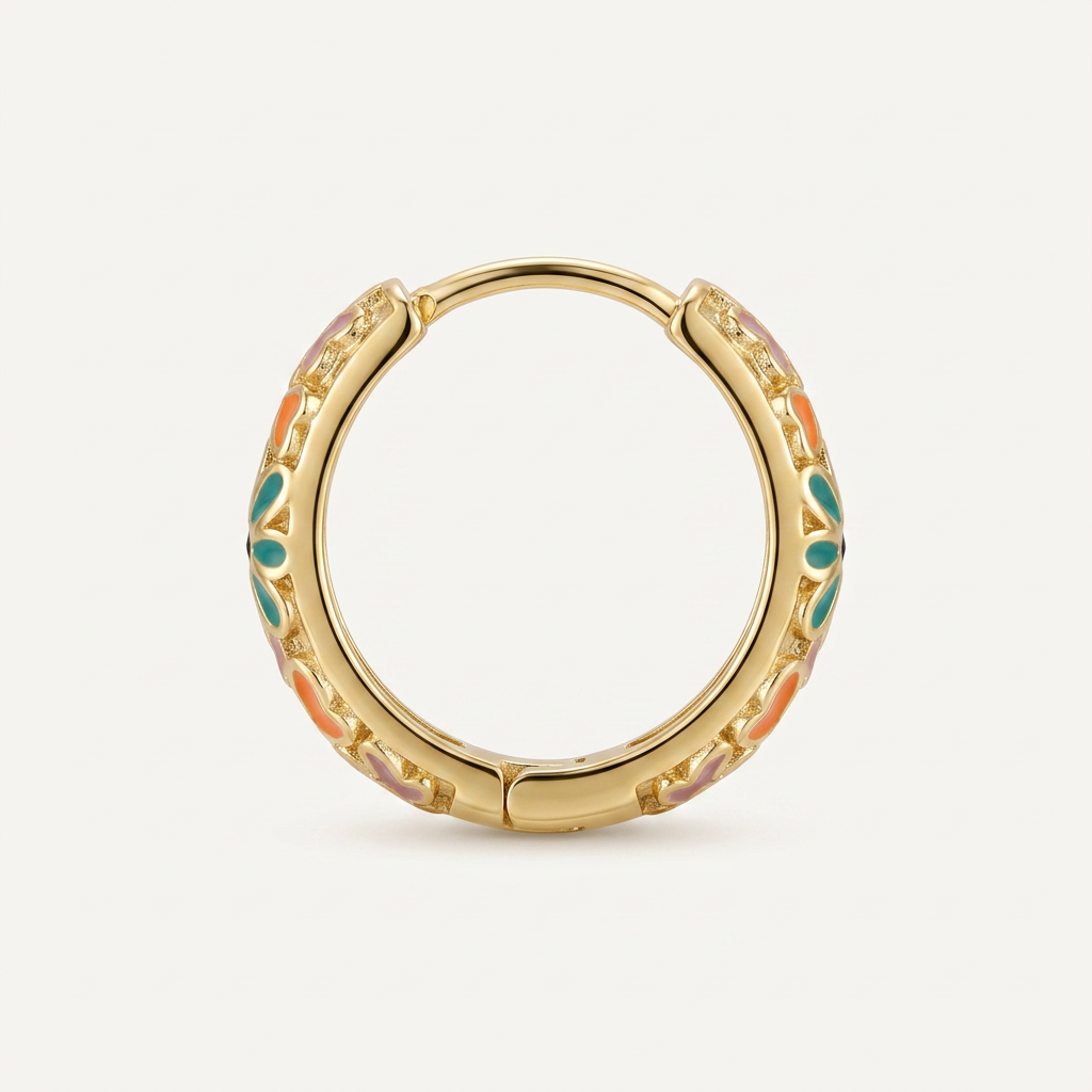 Floral Enamel Huggie Hoop Earrings - Orange - GF