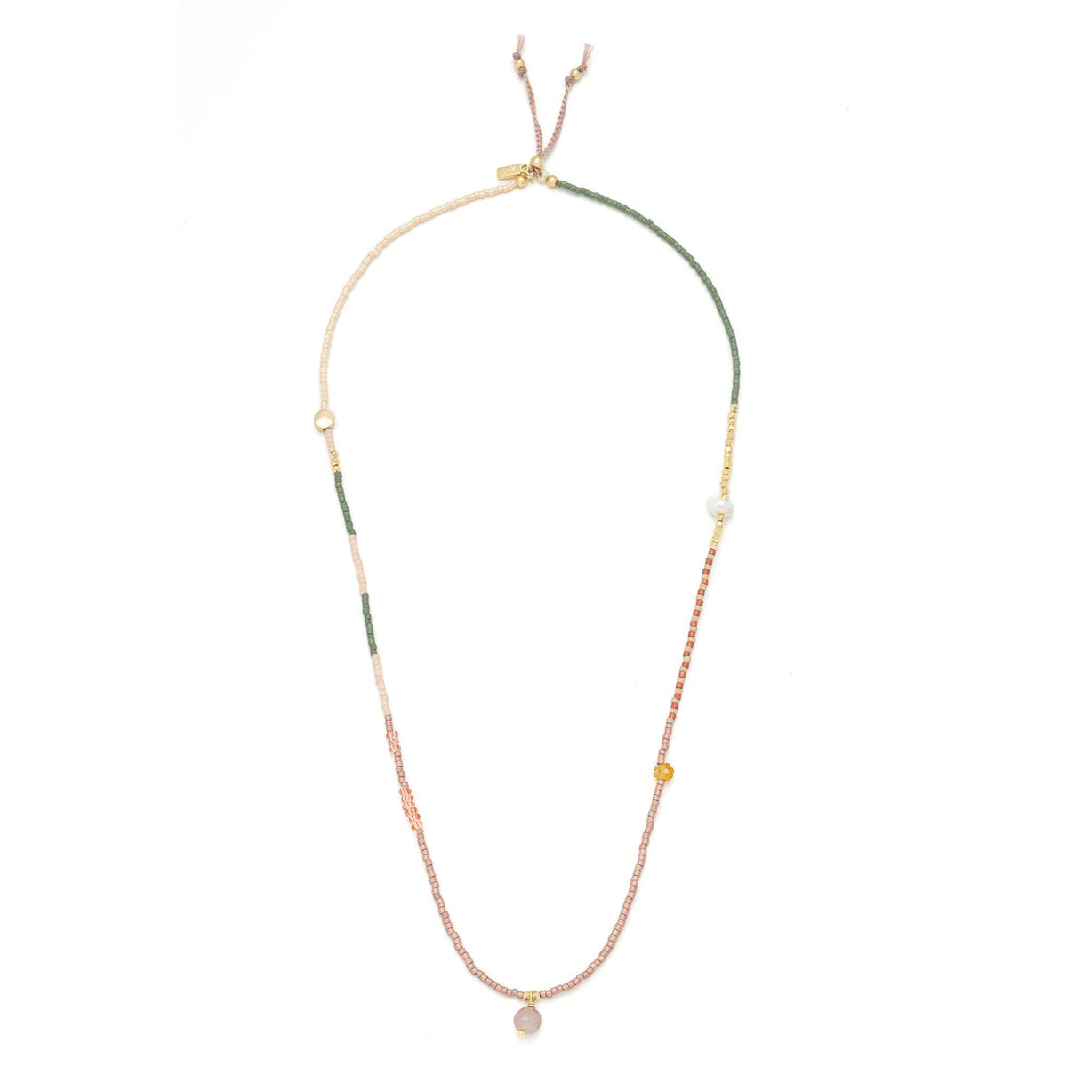 Scout Curated Wears’ Mixed Media Wrap Bracelet/Necklace - Healing/Tourmaline/Gold features green, pink, and gold sections crafted from Japanese Miyuki beads, accented with small gold details and a single round pendant at the center. This versatile piece has an adjustable sliding clasp for a perfect fit.