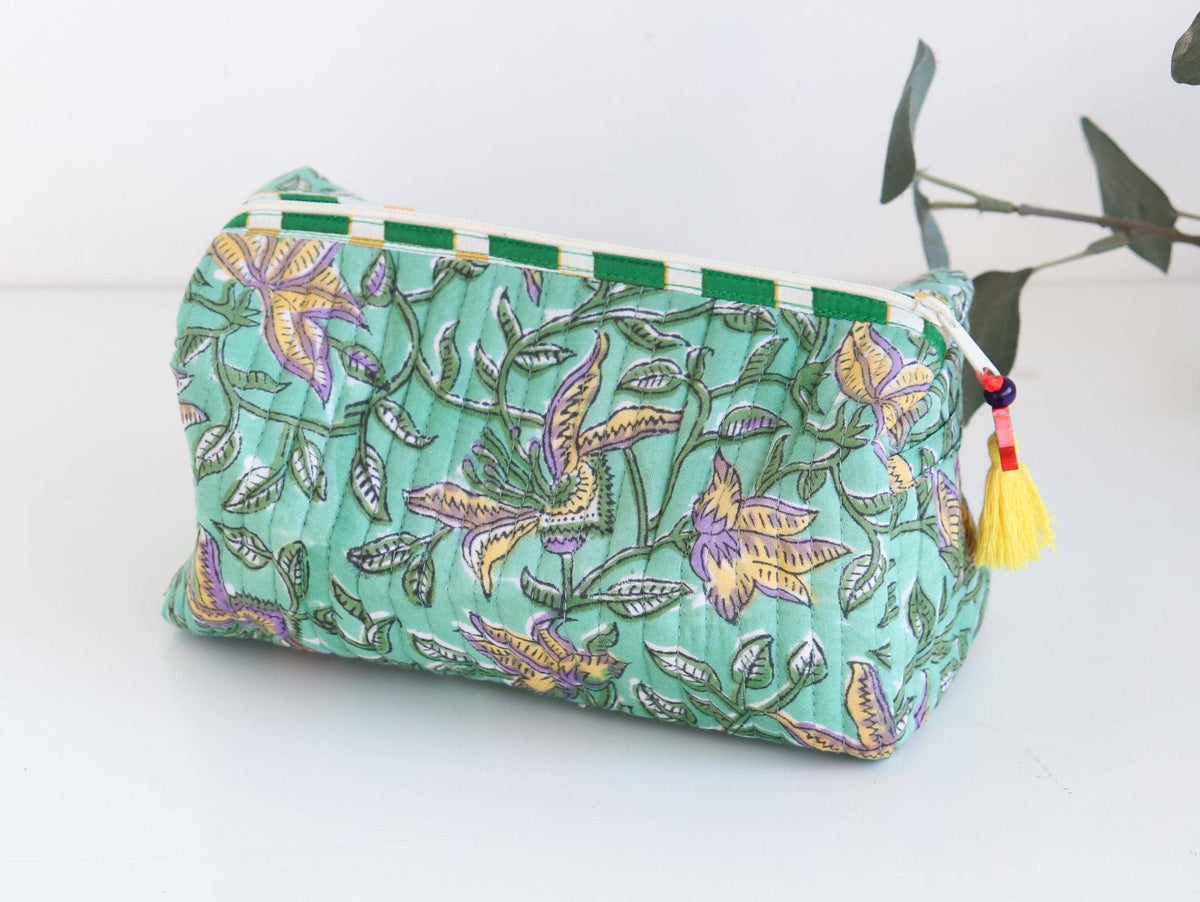 Quilted Block Print Cosmetic Pouch - Green Floral