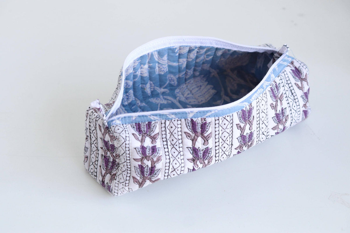 Cotton Block Print Pouch - SM - Purple Floral