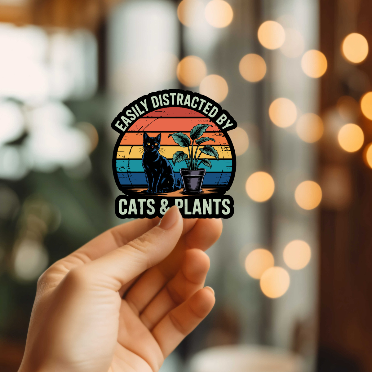 Funny Easily Distracted By Cats & Plants Vinyl Sticker