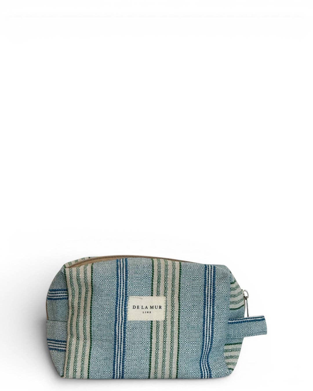 Introducing the Striped Jacquard Squared Makeup Bag – Blue & Green (Cata) by DE LA MUR LINE US Inc. This compact accessory is expertly crafted in Barcelona from jacquard fabric with bold blue and green vertical stripes. It features a top zipper, a convenient side handle, and a distinctive white DE LA MUR label for added style.
