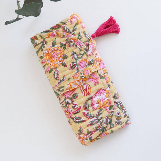 Cotton Jewelry Roll with Zipper Pockets and Brush Case - Yellow Floral