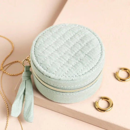 Mint  Linen Round Travel Jewelry Case