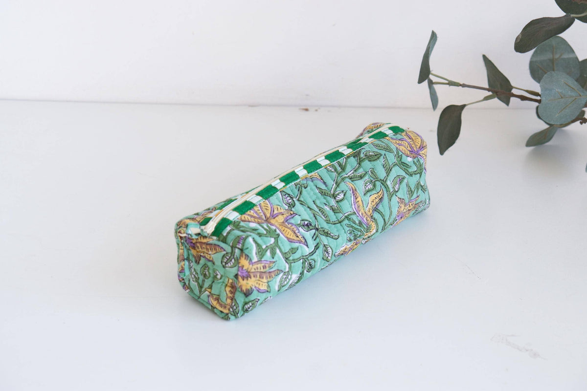 Cotton Block Print Pouch Organizer  - SM - Green Floral